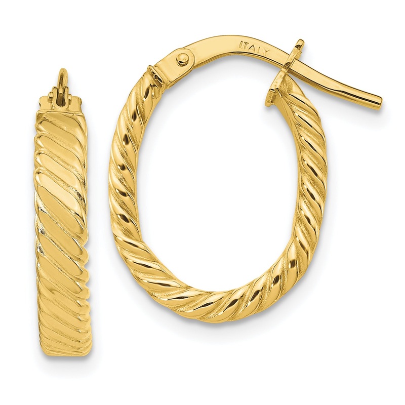 10K Yellow Gold 3mm Patterned Oval Hoop Earrings