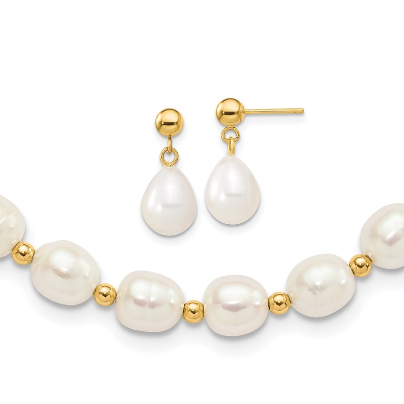 10K Yellow Gold 7-8mm White Rice Freshwater Cultured Pearl 18 Inch Necklace And Bead Post Dangle Earring Set
