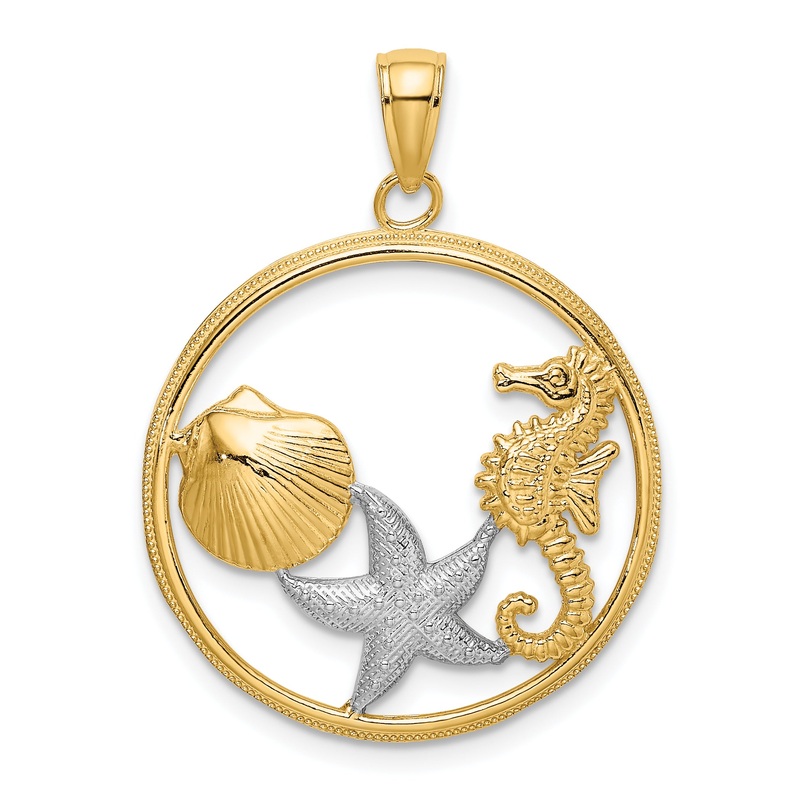 10K Yellow W/Rhodium Scallop, Starfish ,Seahorse Circle Charm