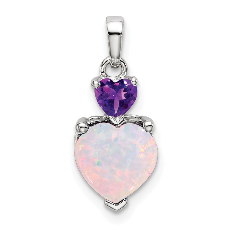 14k White Gold 14k White Gold Heart Created Opal and Amethyst Pendant