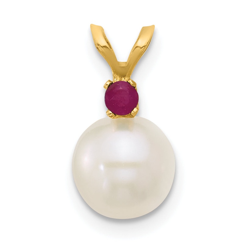 14k Yellow Gold 14k 7-7.5mm White Round Freshwater Cultured Pearl and .09RU Ruby Pendant