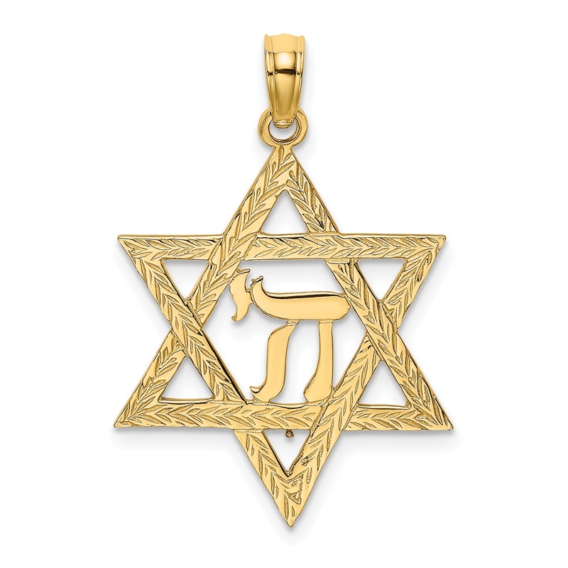 10K Yellow Gold 10K Star Of David W/ Chai Center Charm