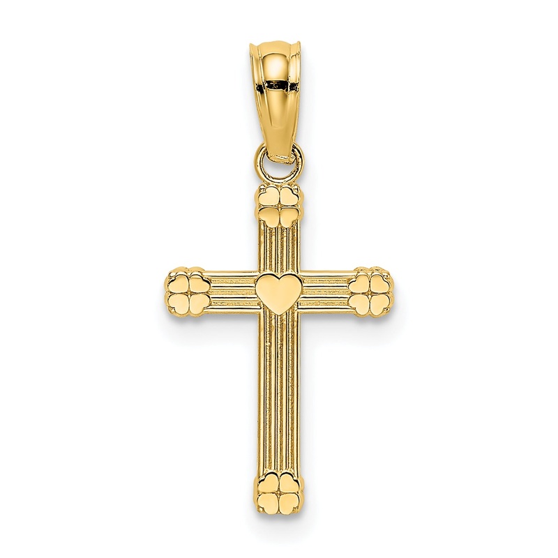 10K Yellow Gold 10K Textured W/ Center Heart Small Cross Charm