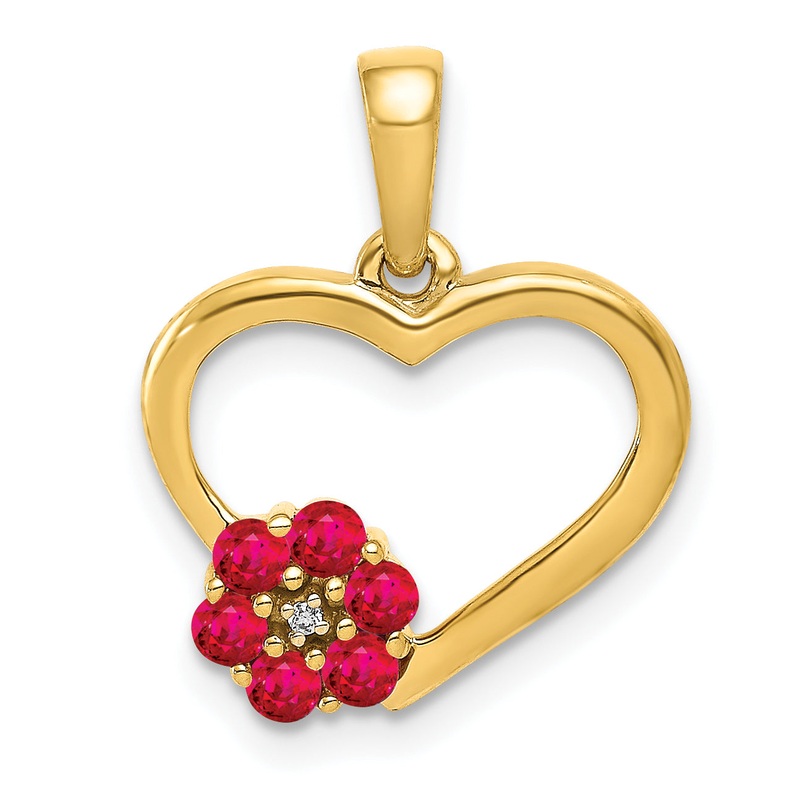 10K Yellow Gold Diamond And Ruby Heart W/ Flower Pendant