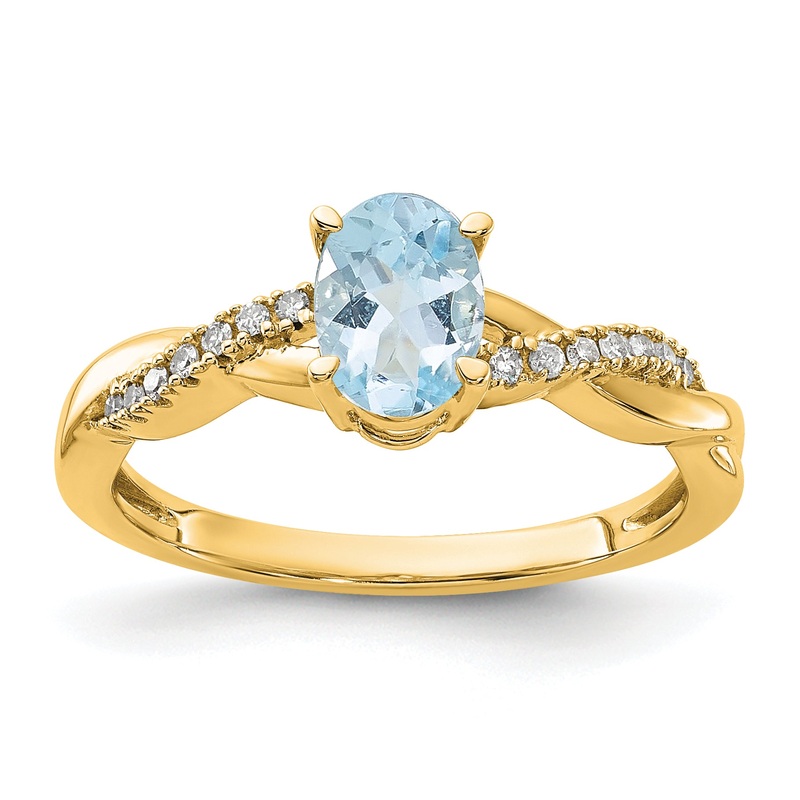 10K Yellow Gold Oval Aquamarine And Diamond Ring