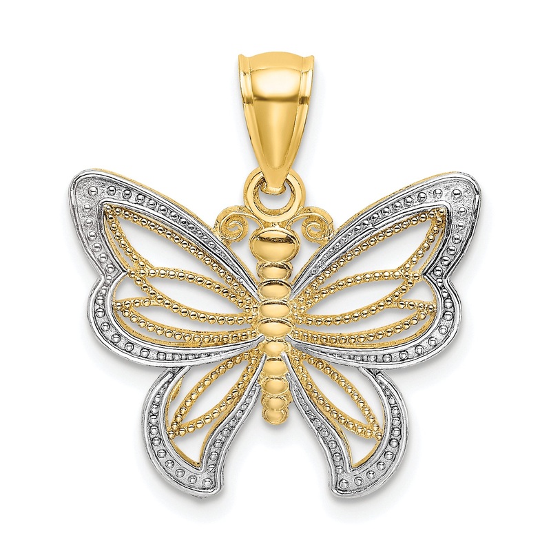 10K Yellow W/Rhodium 10K Butterfly W/ White Beaded Wings Charm