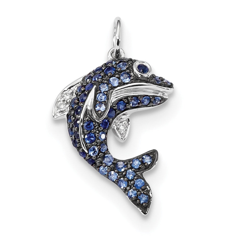 14k White Gold 14k White Gold Diamond and Blue Sapphire Dolphin Pendant