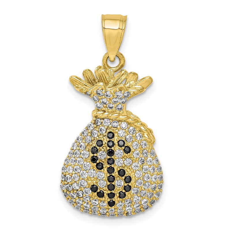 10k Yellow Gold 10K Black and Clear CZ Micro Pave Money Bag Pendant