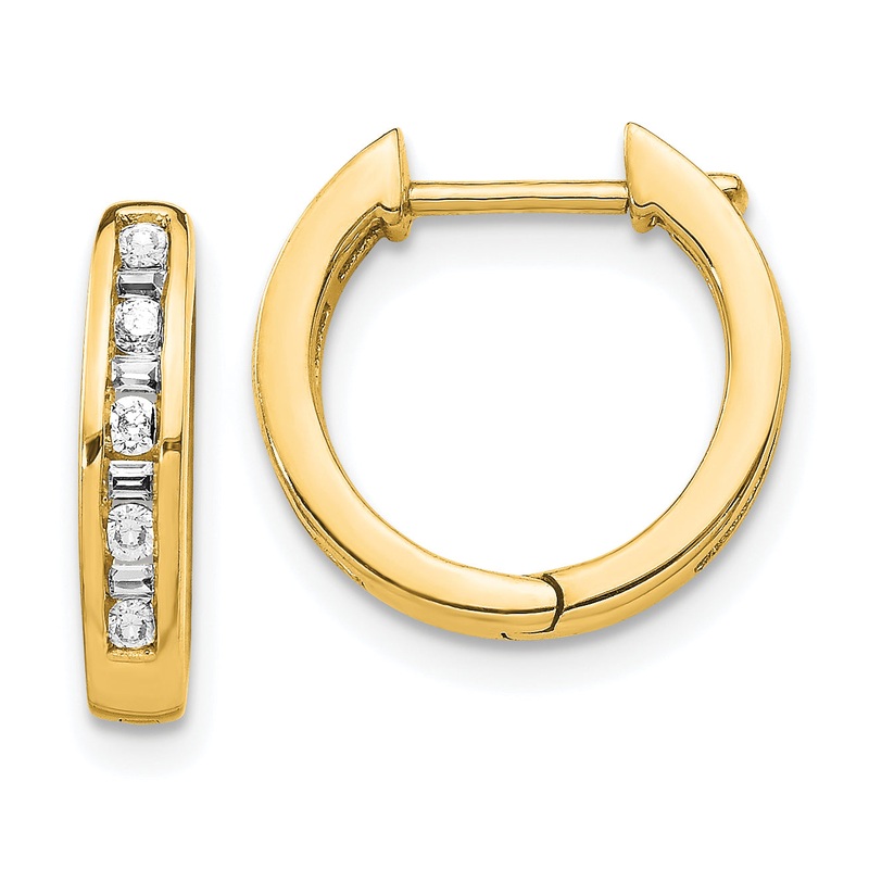 10K Yellow Gold Round/Baguette Diamond Hinged Hoop Earrings
