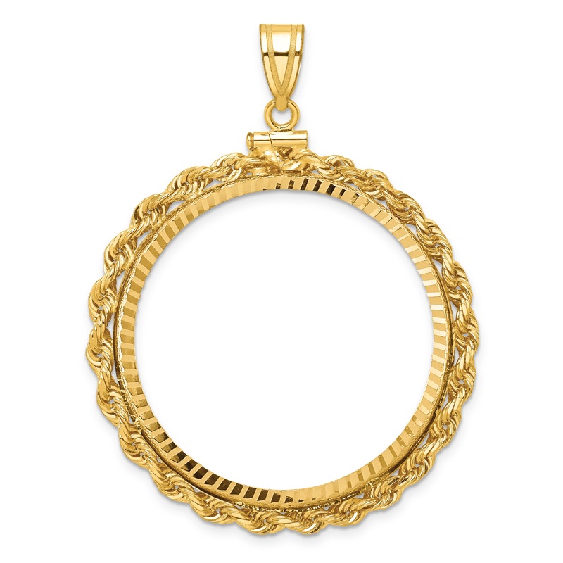 10K Yellow Gold Wideband Distinguished Coin Jewelry Polished Rope And Diamond-Cut 34.2mm X 2.85mm Screw Top Bezel Pendant