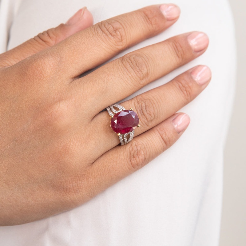 Natural Enhanced 6.07ct Ruby and 0.32ct Diamond Ring in 18ct Yellow Gold