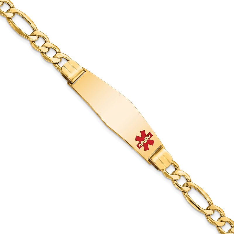 10K Yellow Gold Semi-Solid Medical Soft Diamond Shape Red Enamel Figaro Id Bracelet