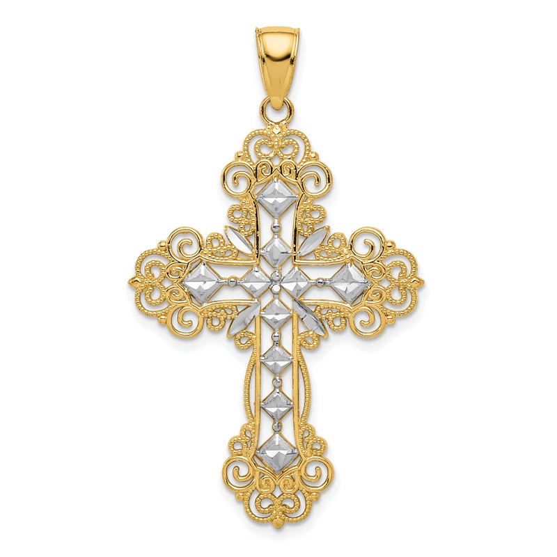 10K Yellow W/Rhodium 10K & Rhodium Polished Textured Diamond Pattern Cross Pendant