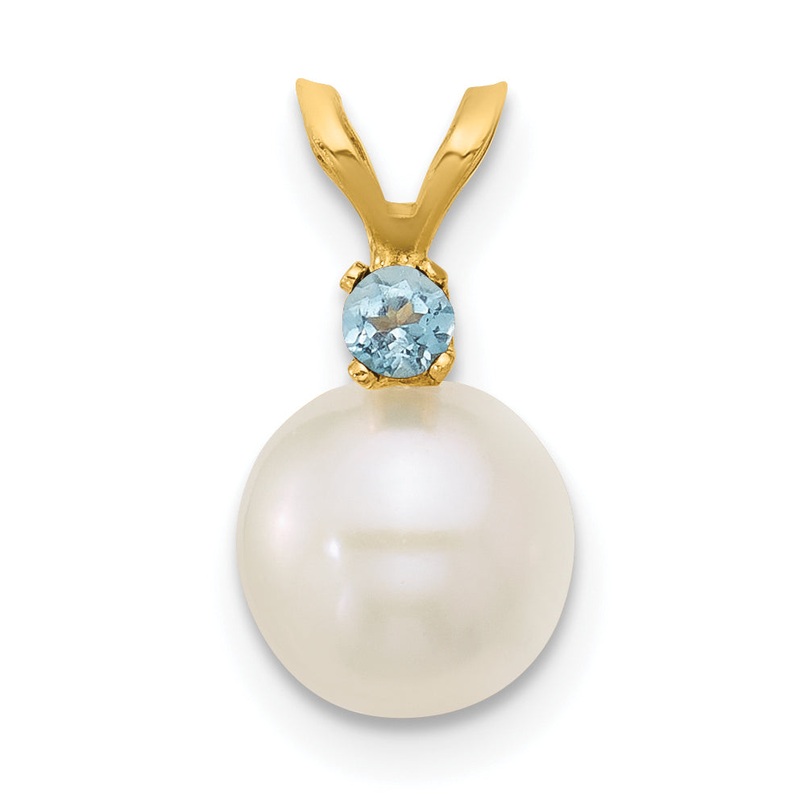 14k Yellow Gold 14k 7-7.5mm White Round Freshwater Cultured Pearl and .09BT Swiss Blue Topaz Pendant