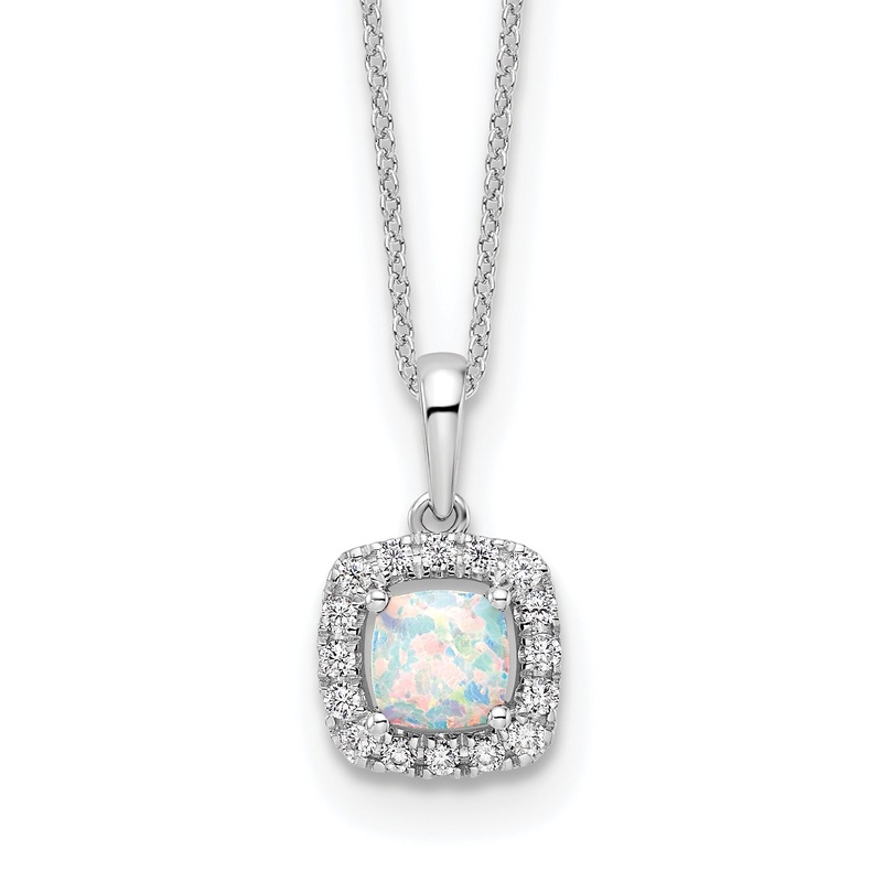 10k White Gold 1/4 Ct. Lab Grown Diamond VS/SI+ G+ and Created Opal 18 inch Pendant Necklace
