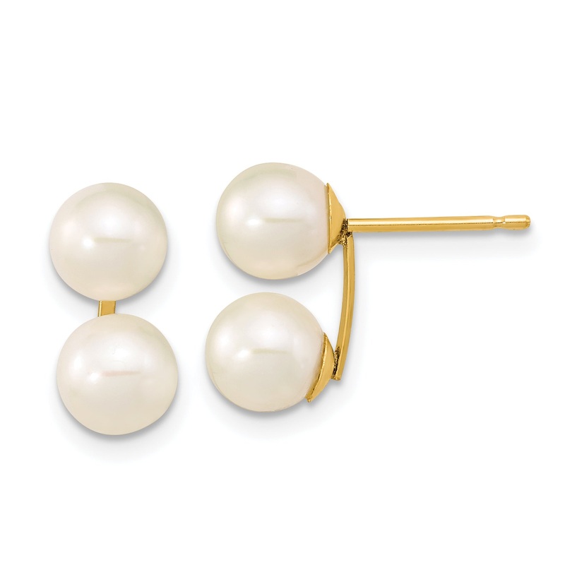 10K Yellow Gold 6-7mm White Round Freshwater Cultured Double Pearl Post Earrings