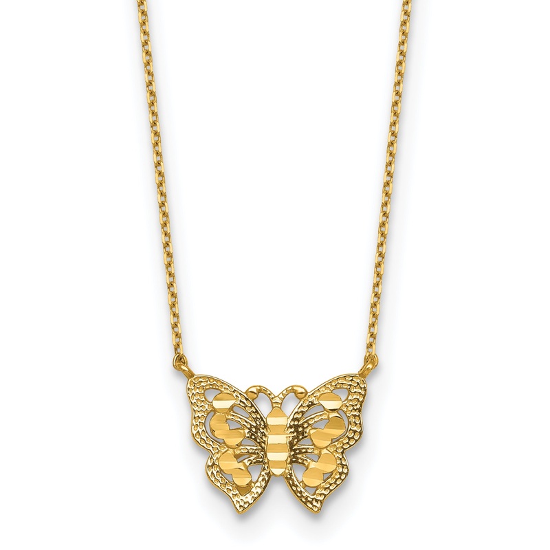 10K Yellow Gold Polished And Diamond-Cut Pierced Butterfly 15.75 Inch With 2 Extension Necklace