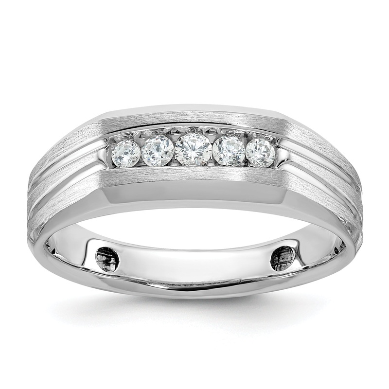 10k White Gold 1/4 Ct. Lab Grown Diamond VS/SI+ G+ Polished Satin and Grooved Five Stone Men’s Ring