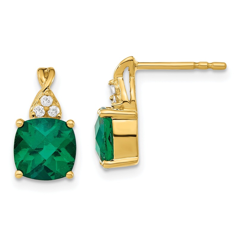 10K Yellow Gold Checkerboard Created Emerald And Diamond Earrings