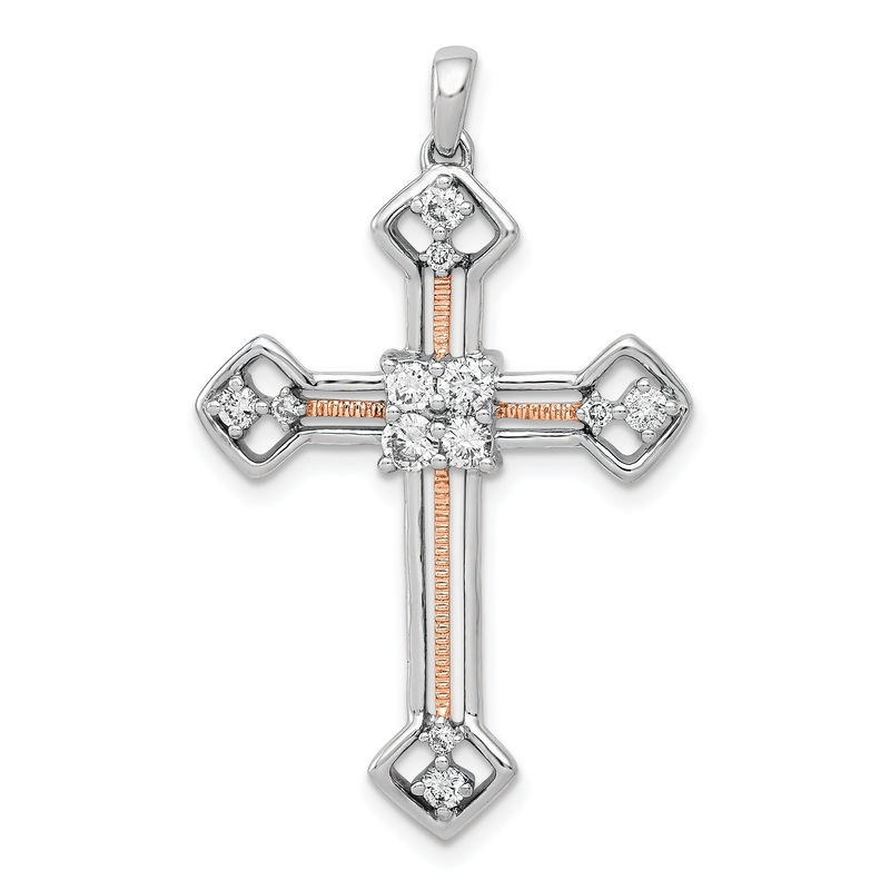 14k Two-tone Two Tone Rose and White Gold 3/8 Ct. Lab Grown Diamond VS/SI+ G+ Cross Pendant