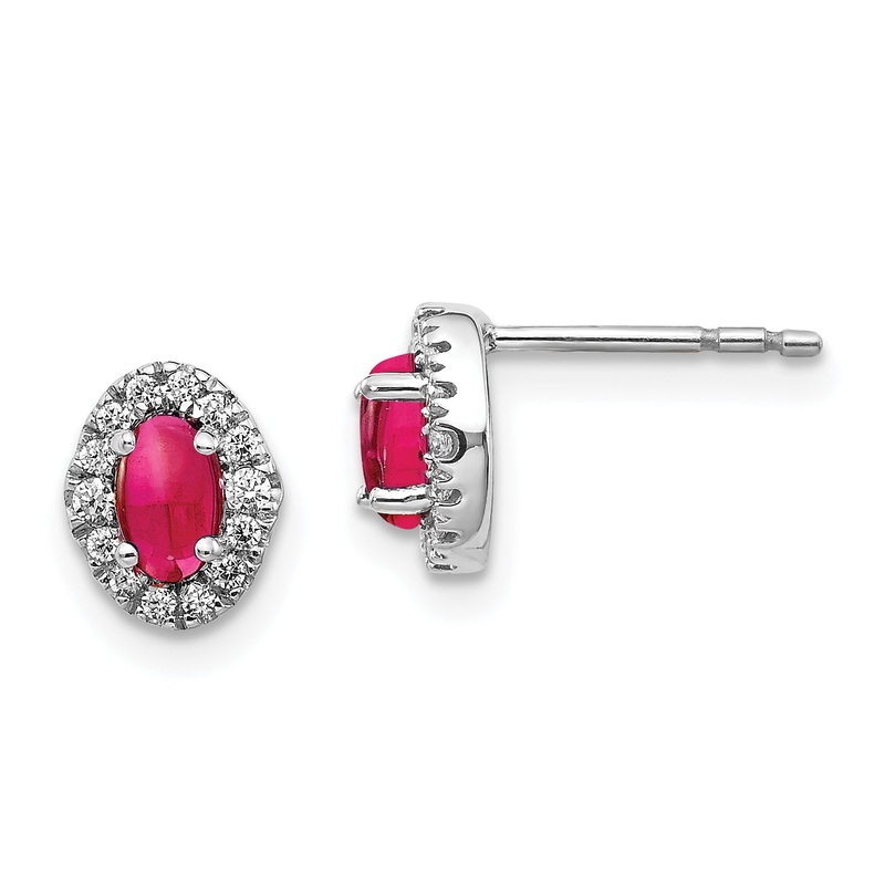 14k White Gold 1/6 Ct. Lab Grown Diamond VS/SI+ G+ and Oval Created Ruby Halo Post Earrings