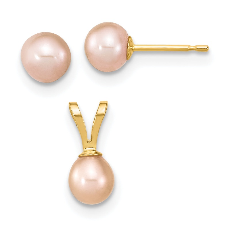 14k Yellow Gold 14k Madi K 4-5mm Pink Round Freshwater Cultured Pearl Pendant and Post Earrings Set