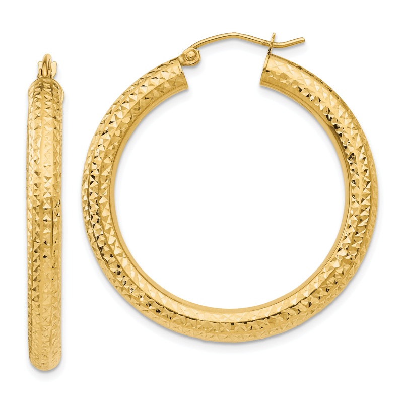 10K Yellow Gold Diamond-Cut 4mm Round Hoop Earrings