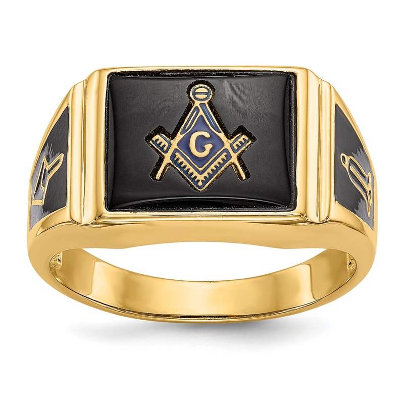 10K Yellow Gold Men’S Polished And Textured With Black Enamel Onyx Masonic Ring