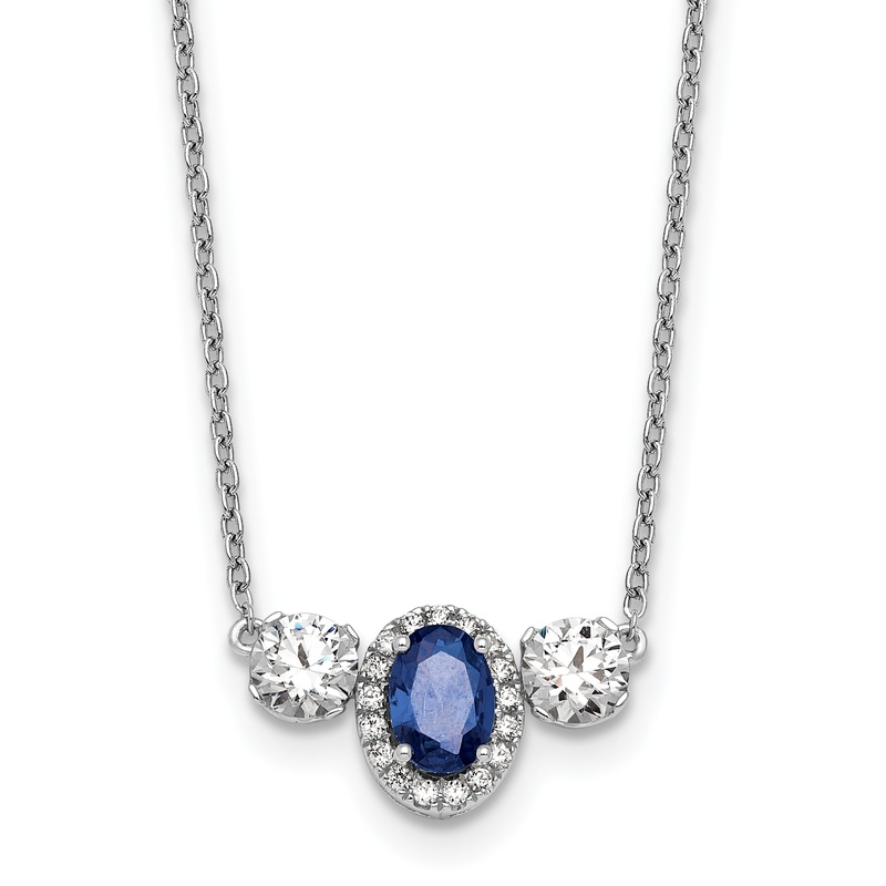 14k White Gold 1 1/8 Ct. Lab Grown Diamond VS/SI+ G+ and Created Sapphire Three Stone 16 inch Necklace
