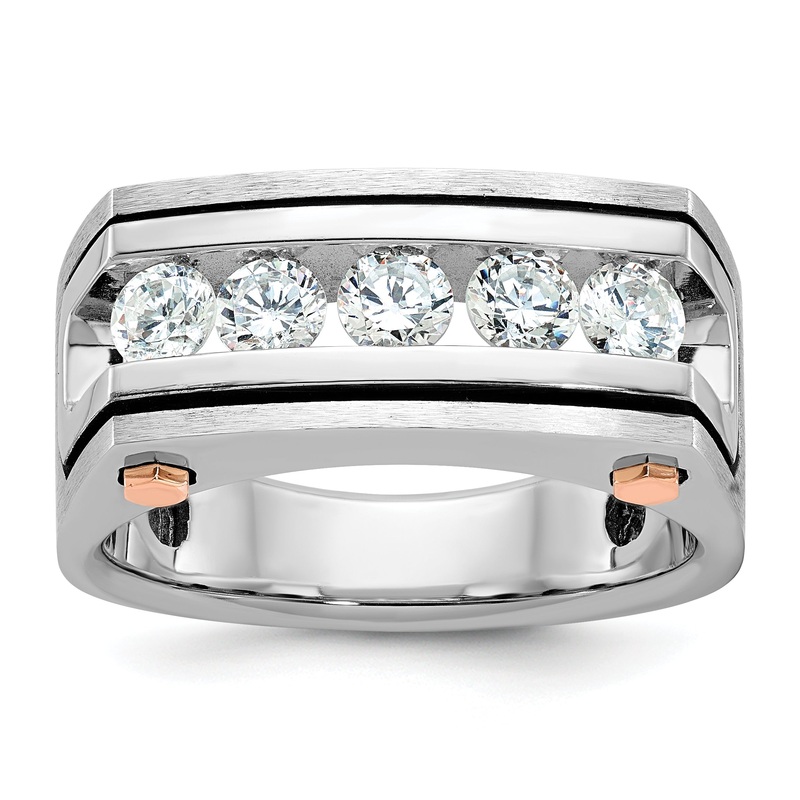 14K White/Rose Gold Two Tone Rose and White with Black Rhodium 1 Ct. Lab Grown Diamond VS/SI+ G+ Five Stone Polished Satin and Grooved Men’s Ring