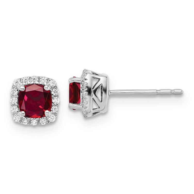 14k Yellow Gold 1/10 Ct. Lab Grown Diamond VS/SI+ G+ and Created Ruby Square Halo Post Earrings