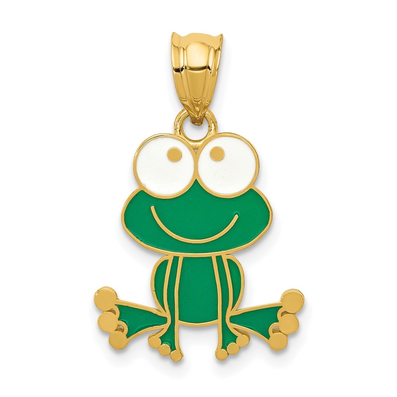 14k Yellow Gold 14k Green and White Enameled Frog