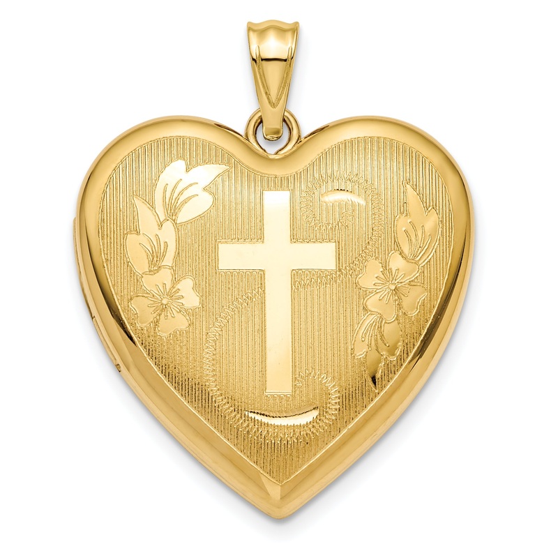 14k Yellow Gold 14k Textured & D/C Floral Cross Ash Holder Heart Locket