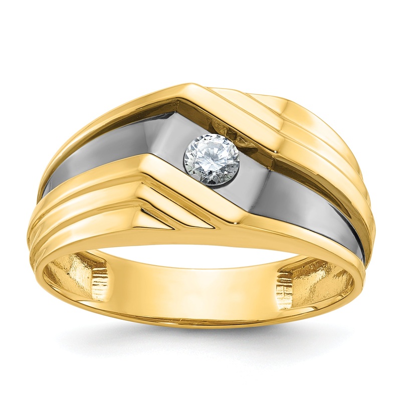 14k Yellow Gold with Black Rhodium 1/6 Ct. Lab Grown Diamond VS/SI+ G+ Polished and Grooved Men’s Ring