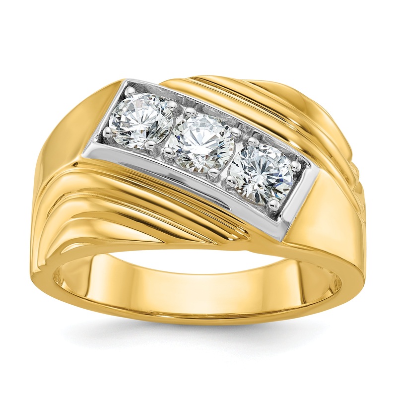 14k Yellow & Rhodium with White 1 Ct. Lab Grown Diamond VS/SI+ G+ Polished and Grooved Three Stone Men’s Ring