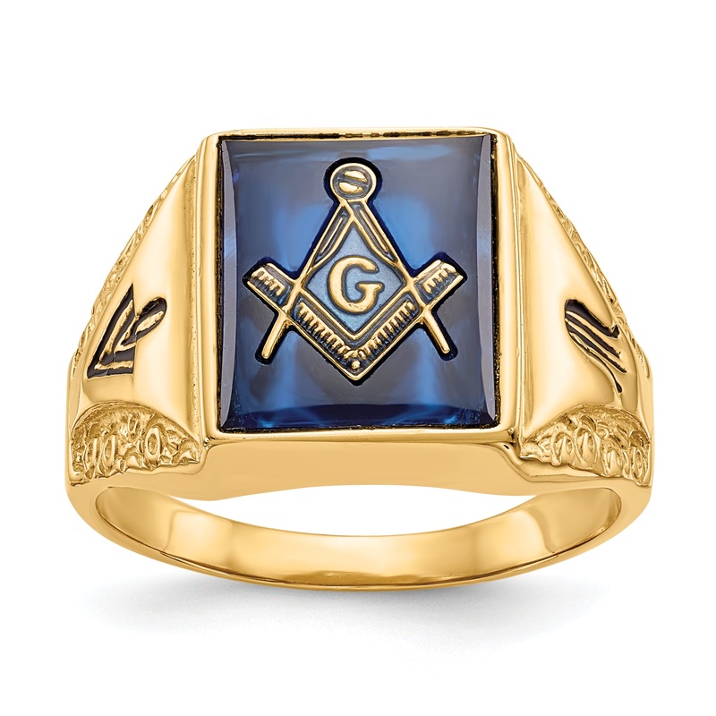 10K Yellow Gold Men’S Polished, Antiqued And Textured With Imitation Blue Spinel Masonic Ring