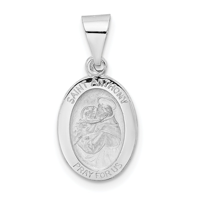 14k White Gold 14k White Gold Polished and Satin Hollow Oval St Anthony Medal Pendant