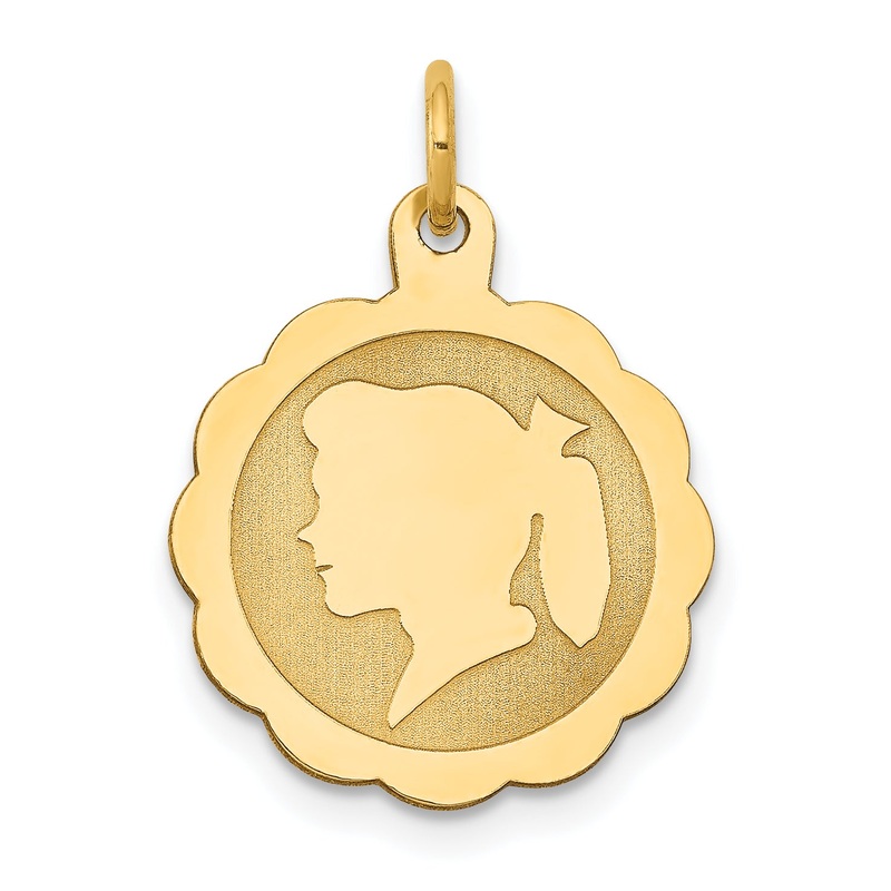 14k Yellow Gold 14k Girl Head on .011 Gauge Engravable Scalloped Disc Charm