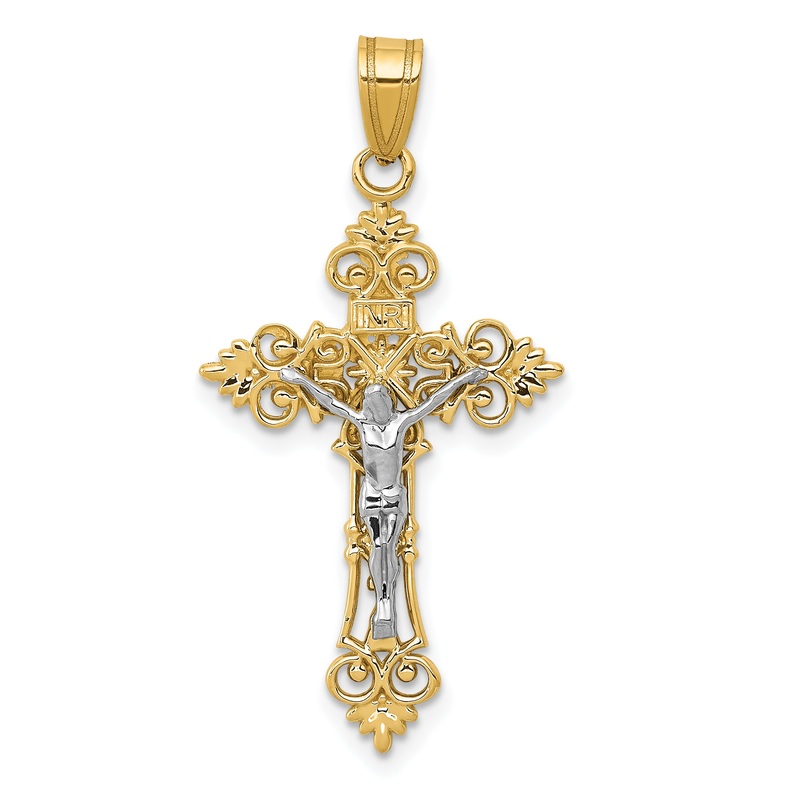 10K Two-Tone 10K Medium Lacey-Edged Inri Crucifix Pendant