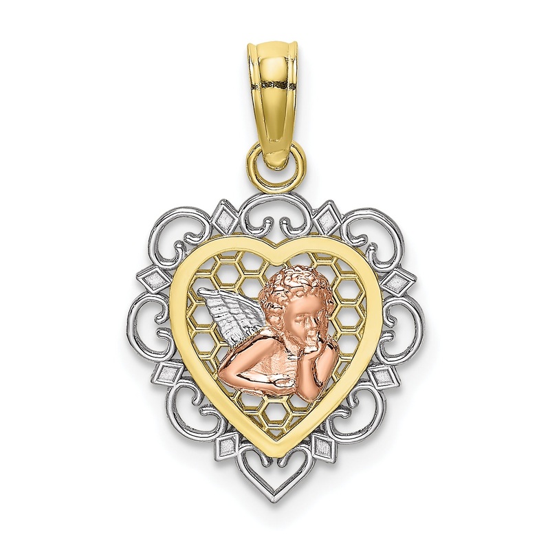 10K Two-Tone 10K W/Rhodium Small Angel In Heart Charm
