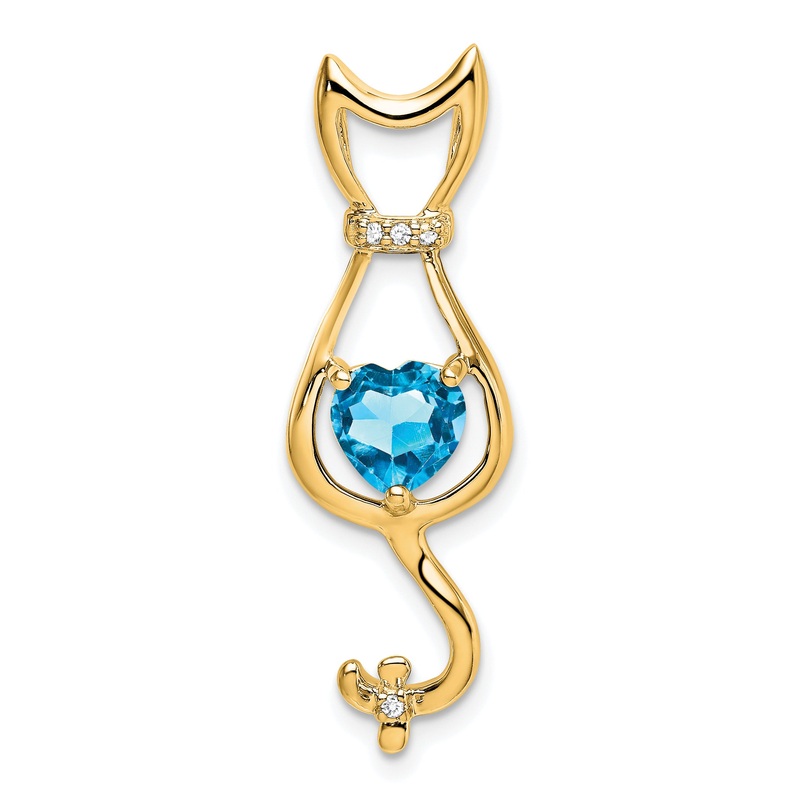 10K Yellow Gold Blue Topaz And Diamond Cat Pendant