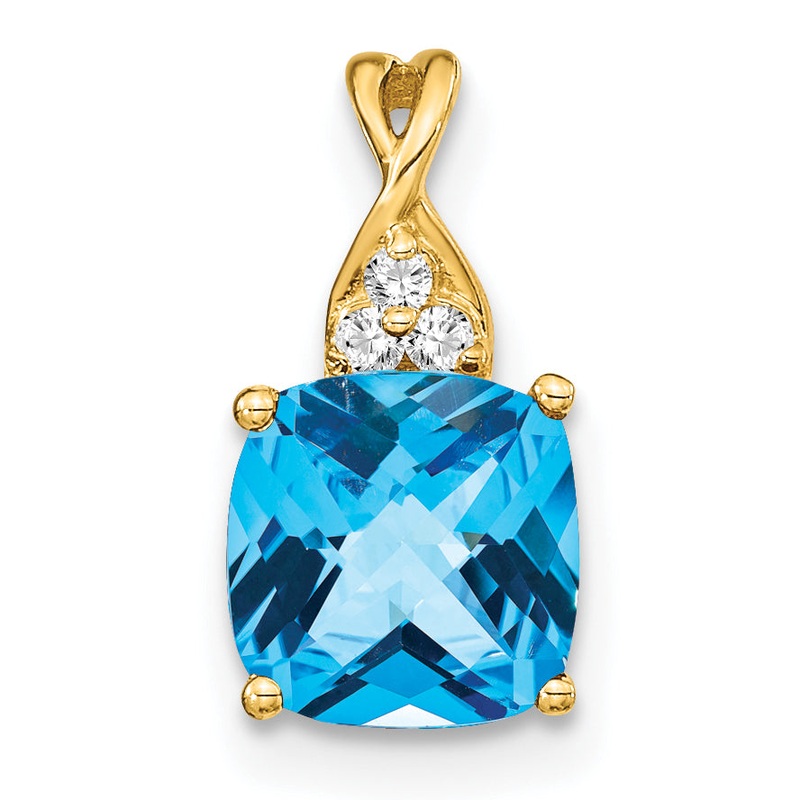 10K Yellow Gold Checkerboard Blue Topaz And Diamond Pendant