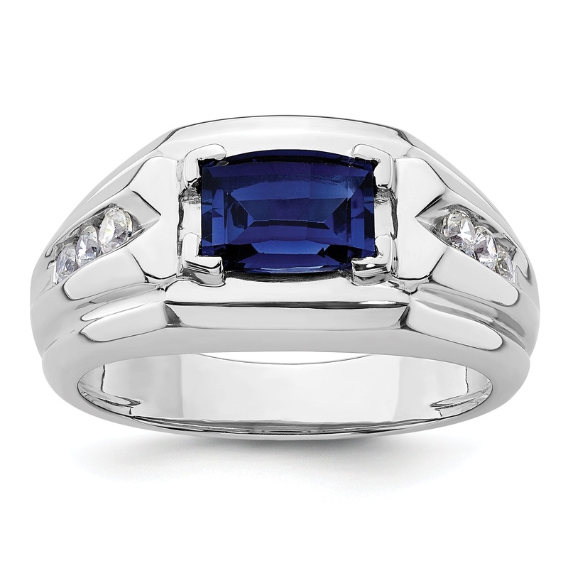 14k White Gold 1/4 Ct. Lab Grown Diamond VS/SI+ G+ and Lab Created Blue Sapphire Men’s Ring