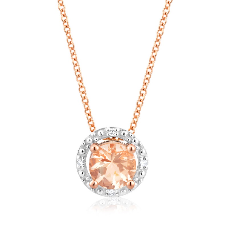 9ct Rose Gold Morganite with Diamond Halo Pendant on 45cm Chain