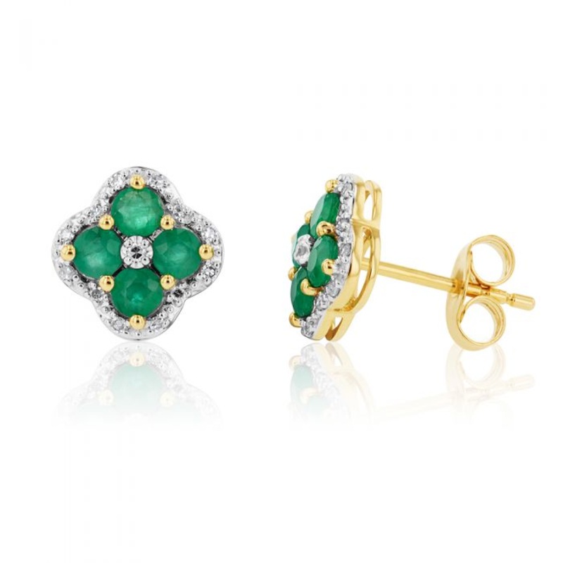 9ct Yellow Gold 1ct Natural Emerald and 0.10 Carat Diamond 4 Leaf Clover Stud Earrings