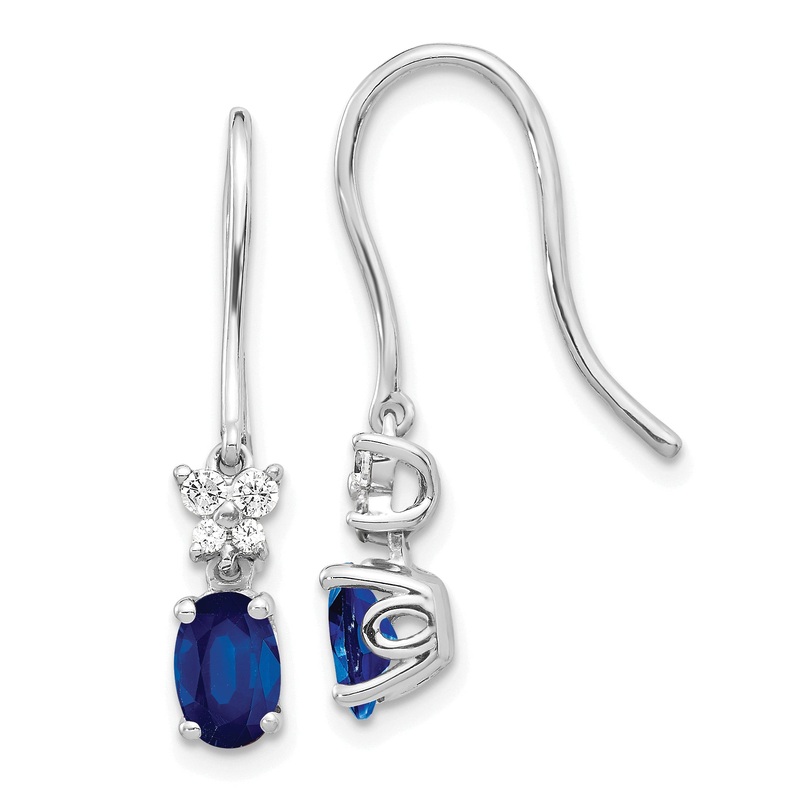 10K White Gold Diamond And Oval Sapphire Shepherd Hook Earrings
