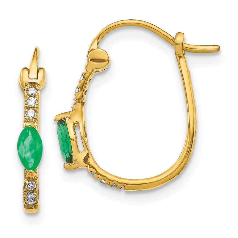 10K Yellow Gold 1/20Ct Diamond And Emerald Hinged Hoop Earrings