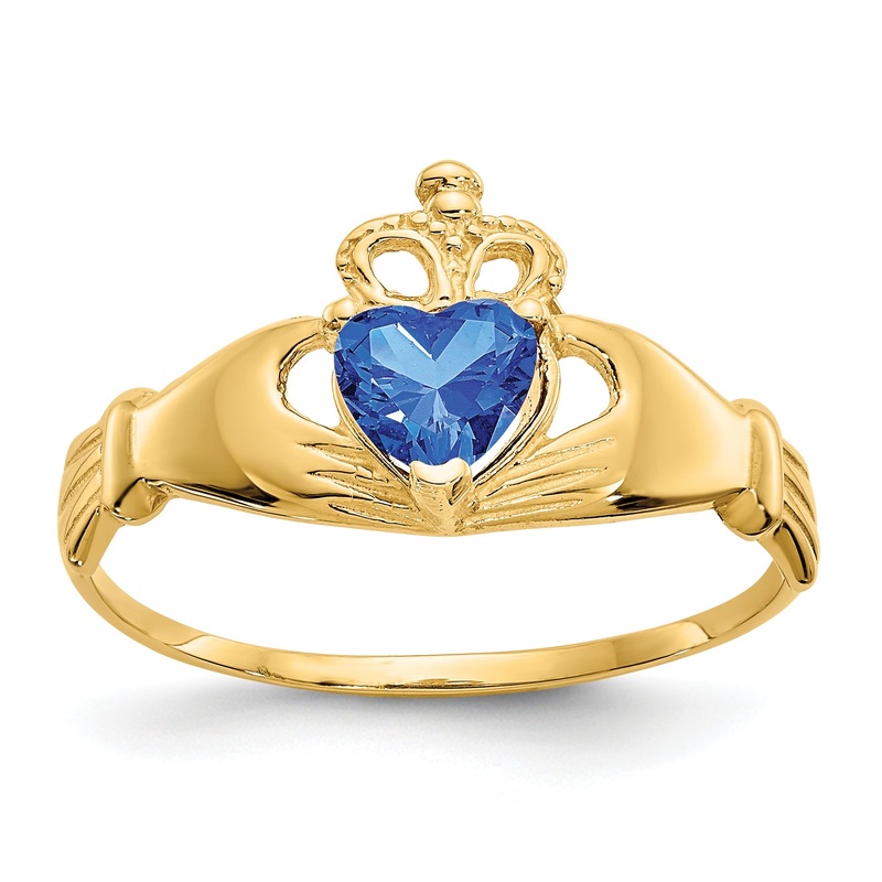 10K Yellow Gold Cz September Birthstone Claddagh Heart Ring
