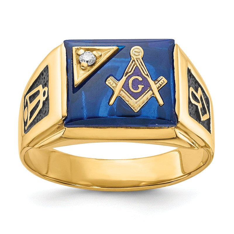 10K Yellow Gold Men’S Polished And Textured With Black Enamel, Imitation Blue Spinel Aa Quality Diamond Masonic Ring
