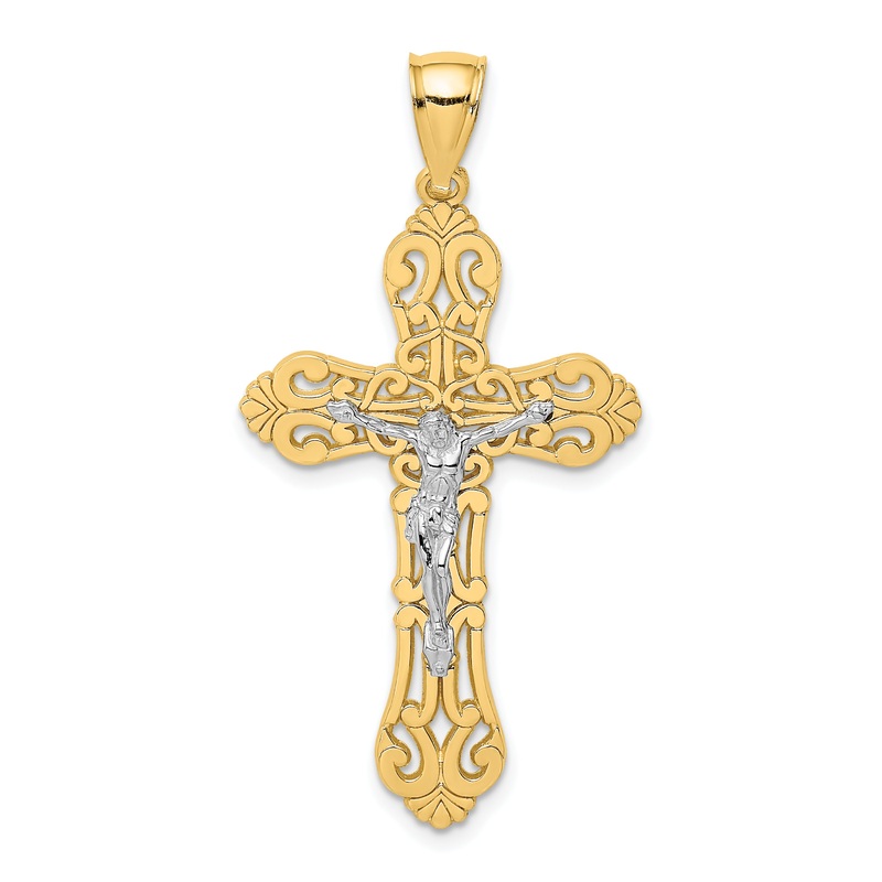 10K Yellow W/Rhodium 10K W/ Rhodium Crucifix Scrolled Tips Charm